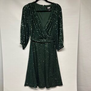 DKNY Emerald Green Sequin Long Sleeve Faux Wrap Midi Dress Size 2